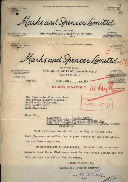 1932 MARKS AND SPENCERS LTD two letters property at FINSBURY one signed by Green