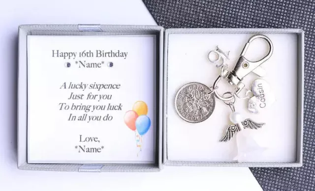 Personalised 16th Birthday Gift Lucky Sixpence Charm Novelty Keyring - Gift