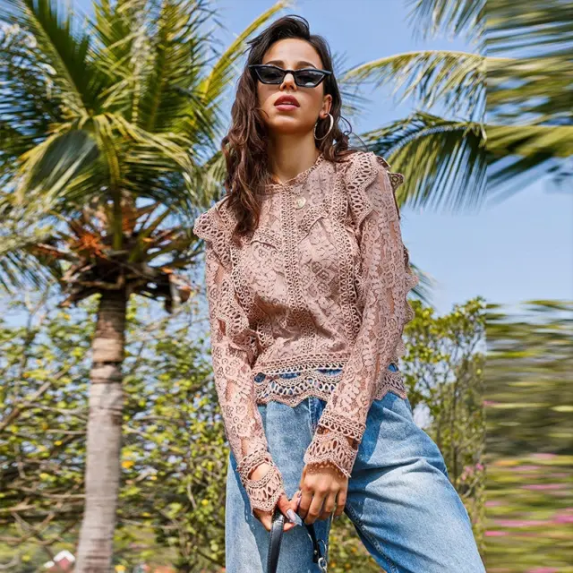 Lady Floral Lace Shirt Blouse Long Sleeve Hollow Out See Through Spliced Tops