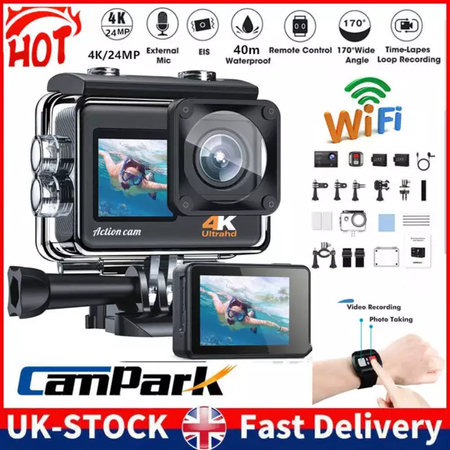 ✅4K 24MP Sports WIFI Action Camera Dual Screen EIS Underwater Camera with Remote