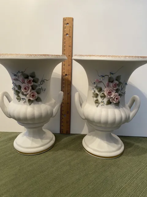 2 ( TWO) Vintage Lefton Japan Bisque  Hand Painted Flowers Two Handled Vase