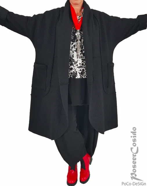 Damen Mantel 52 Langer Lagenlook Mantel Wolle In Rot Schwarz 40-44