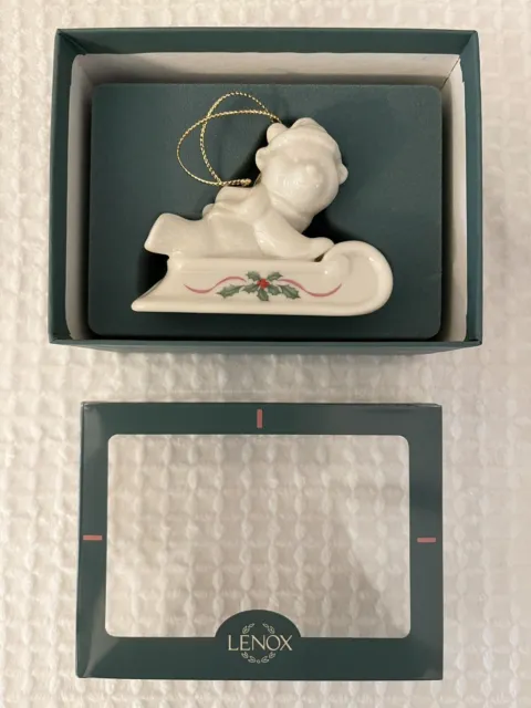 Vintage Lenox Christmas Ornament Teddy Bear on a Sled Porcelain 1996 Collectable