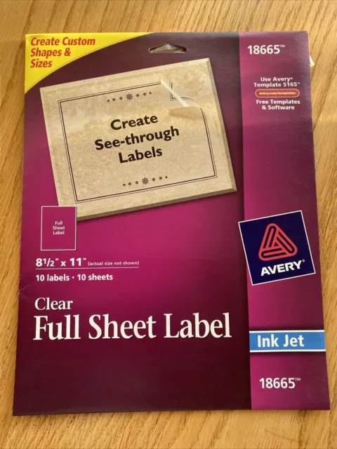 (NEW) Avery 18665 Full Sheet Labels 8½”x11” CLEAR Ink Jet 10 Labels/10 Sheets