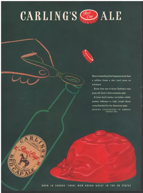 1947 Carling's Red Cap Ale Beer Vintage Original Magazine Print Ad