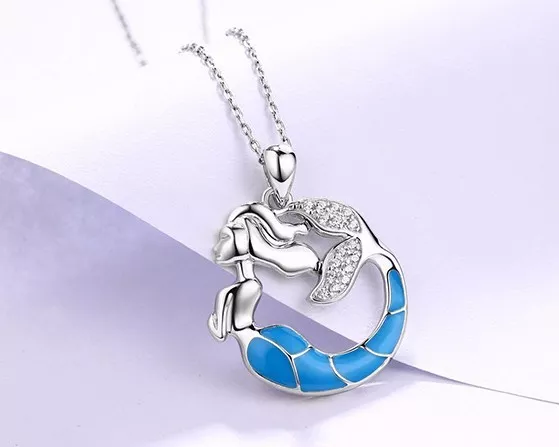 Ω Mermaid With Blue Fire Opal Pendant and Chain Sterling Silver 925