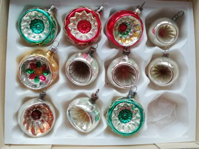 11 vintage blown mercury glass Christmas ornaments indent reflector Czech