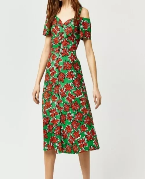 Warehouse BNWT Size 10 Green Woodblock Daisy Swing Floral Midi Dress RRP £42 new