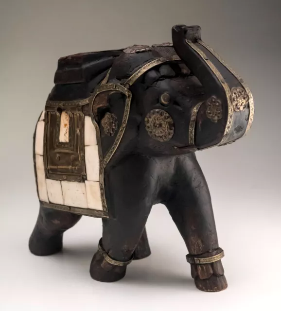 Carved Indian Elephant Ceremonial Dress. Feng Shui Wood Brass Kerala Nettipattam 3