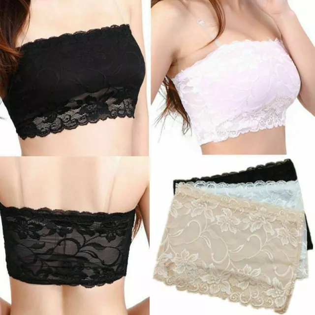 Women Lace Floral Stretch Strapless Bandeau Bra Boob Tube Crop Top Vest