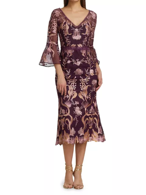 NWT MARCHESA NOTTE Flutter-Sleeve Embroidered Guipure Lace Dress 6 Burgundy