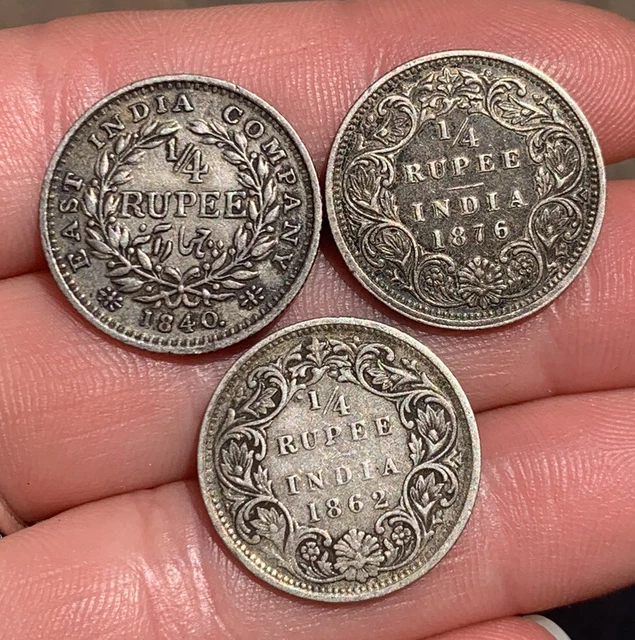 1840, 1862, 1876 Quarter 1/4 Rupees East India Company Victorian Silver Coins