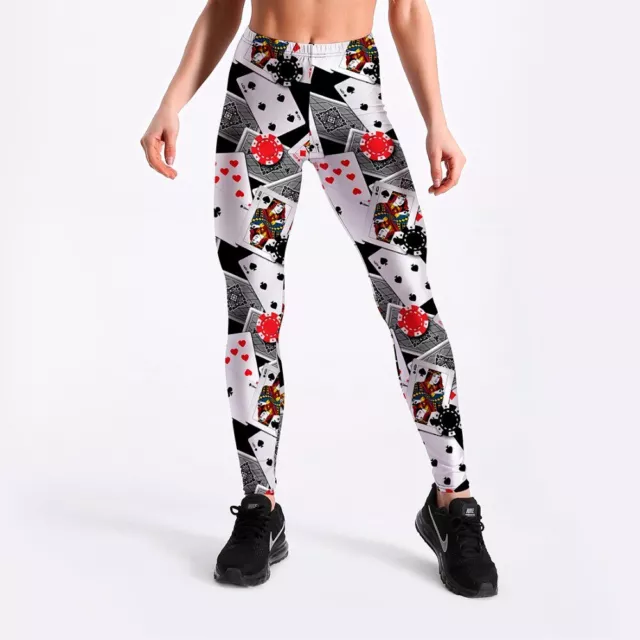 Women Girls Leggings Sports Yoga Pants Digital 3D Printed Poker Cards
