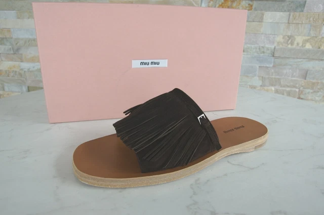 Miu Tg. 39,5 Pantoletten Sandali Pantofole Scarpe Teak Nuovo Origin.