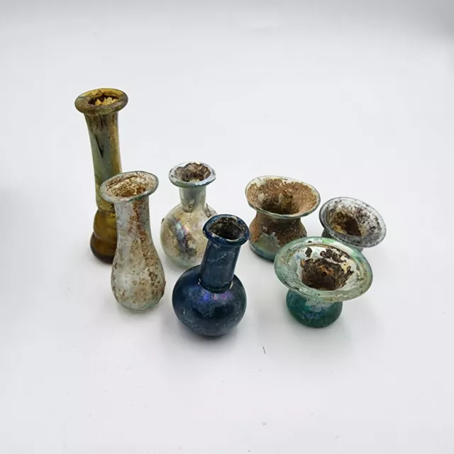 Superb Lot Of 7 Ancient Roman Intact Small Rare Colorful Unique Shaped Bottles.