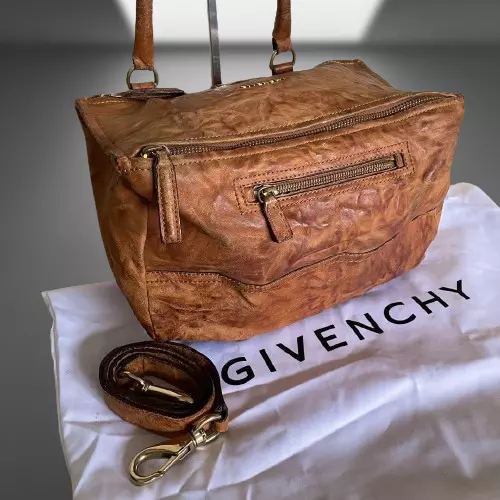 GIVENCHY Pandora Brown Wrinkled Leather 2way Shoulder Bag Handbag Logo Zipper