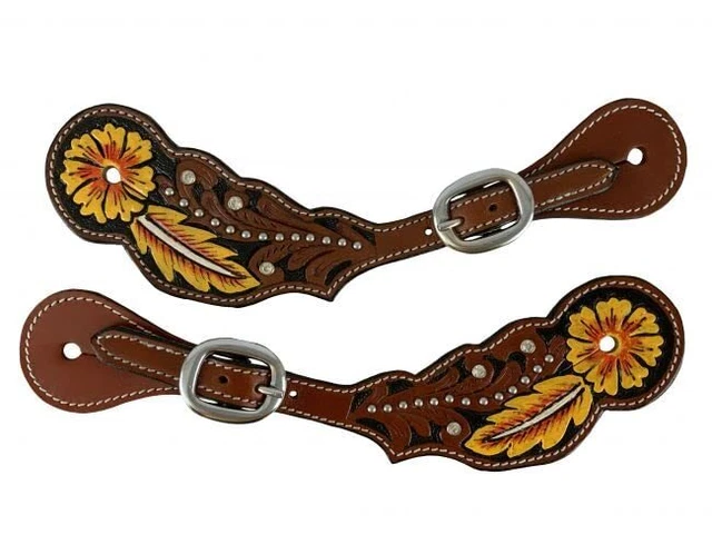 Showman Ladies Flower & Feather Tooled Leather Spur Straps