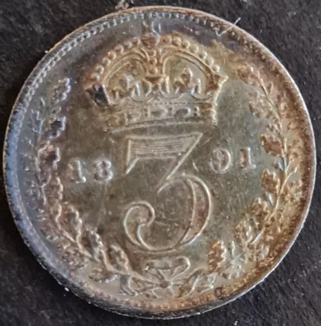 1891 Uk - Queen Victoria - Silver - Three Pence - Xf -Low Mintage - Free Us Ship