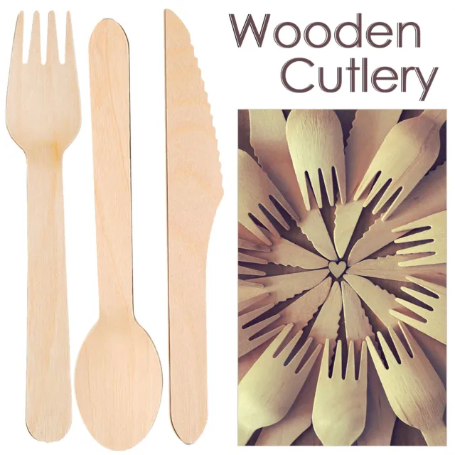 100 x Wooden Cutlery Knives Forks Spoons Disposable Biodegradable Party BBQ ECO