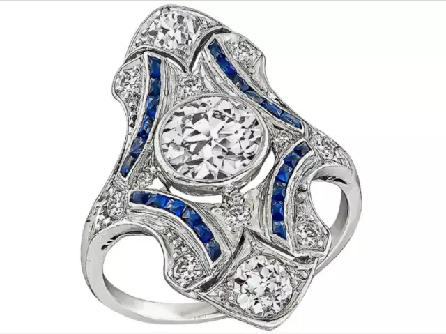 Art Deco Style Old European Lab Created Diamond Sapphire White Gold Filled Ring