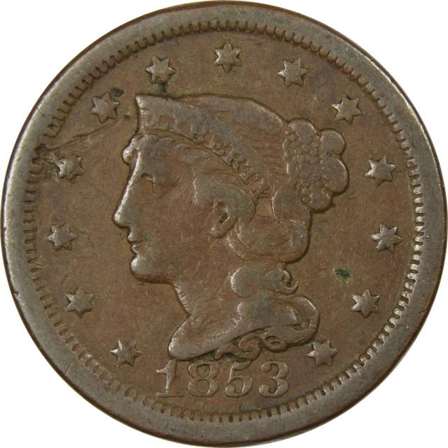 1853 Braided Hair Large Cent Copper Penny 1c US Type Coin Collectible