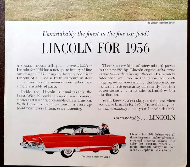 1956 Lincoln Premiere Sedan & Coupe Vintage Print Ad 3