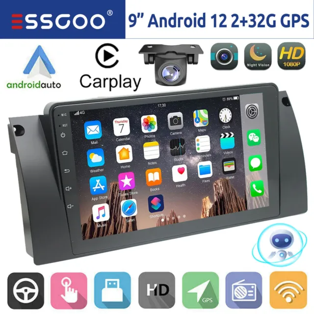 9'' Apple Carplay Autoradio Android 12 GPS RDS Kamera Für BMW E38 5er E39 X5 E53