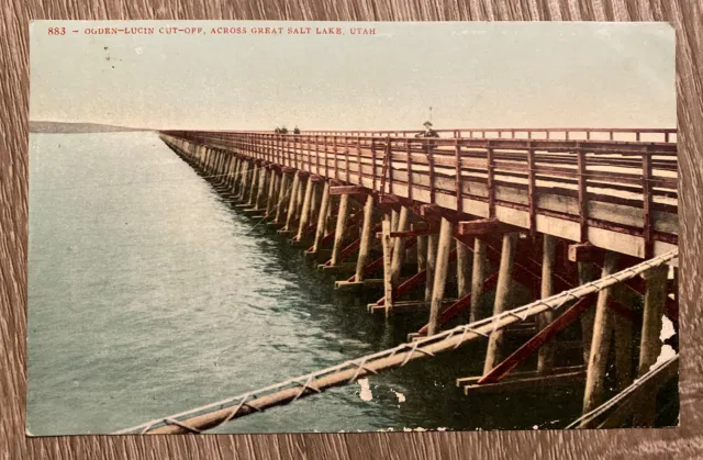 Postcard Ogden-Lucin Cut-Off Southern Pacific Great Salt Lake Utah Posted c1909