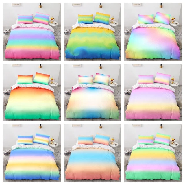 GRADIENT COLOR BEDDING Set Rainbow Duvet Cover Set Kids Teens Single ...