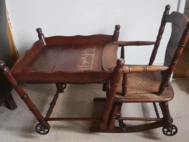 Antique Wooden Childs Metamorphic High Chair - Games Low Table 2