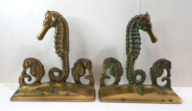 Vintage Pair SEAHORSE BRASS BOOKENDS by VIRGINIA METALCRAFTERS Verdigris Patina