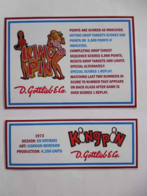 'KING PIN' Gottlieb 1973 Custom Instruction/Apron Cards (New)