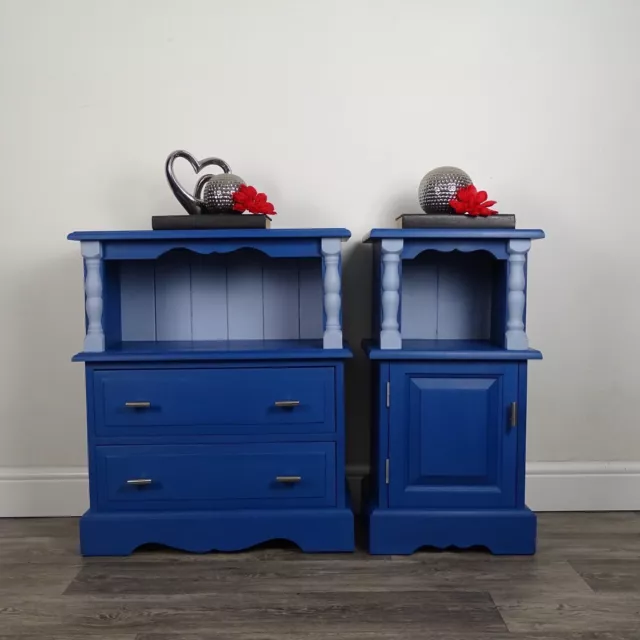 Set of Pine Bedside Cabinet Side Tables in Blue