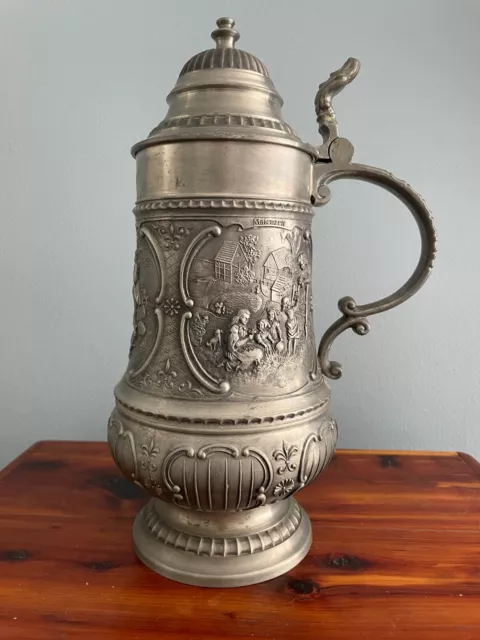 Vintage SKS Zinn 95% Pewter Beer Stein 9.5" Tall Pewter Lid Lidded