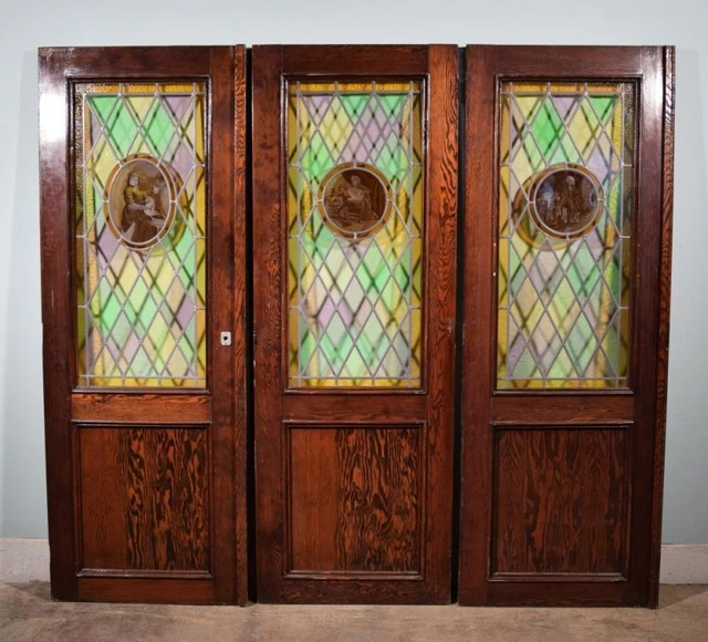 *Set of Three Pine Antique French Stained Glass Doors with Images of Paintings 2