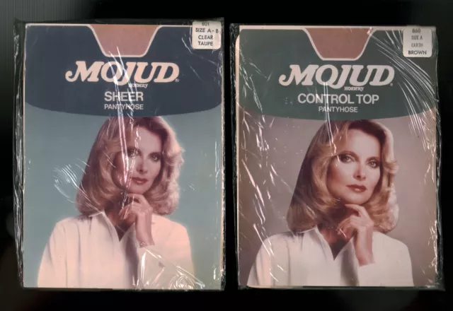 Lot 2 Pairs Vintage 1970s Mojud Pantyhose Size A Taupe + Brown Lady In White Pkg