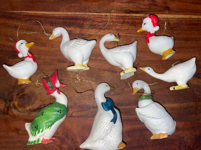 (8) Goose Geese Duck Porcelain Ceramic Christmas Ornaments: Homco, Kurt Adler