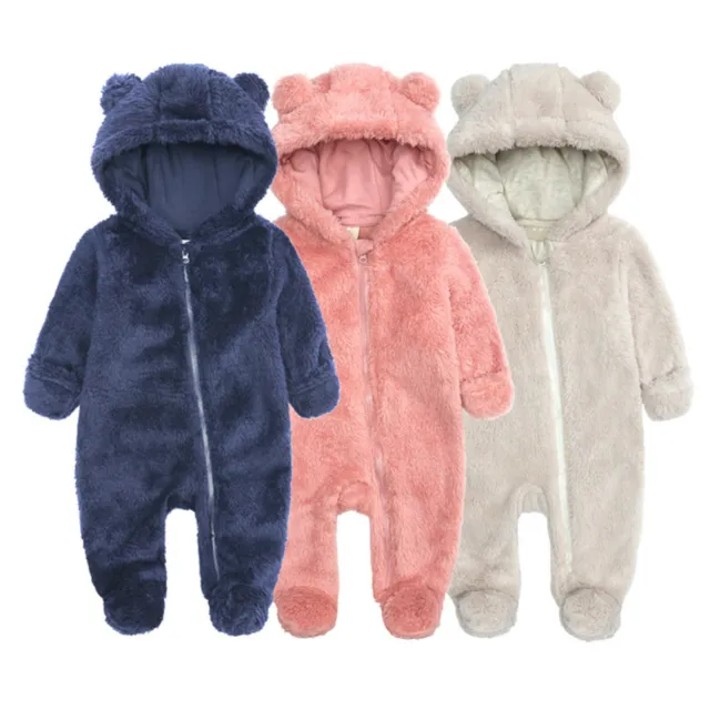 Newborn Baby Unisex Fleece Hooded Footed Romper Winter Furry Warm Bear Jumpsuit