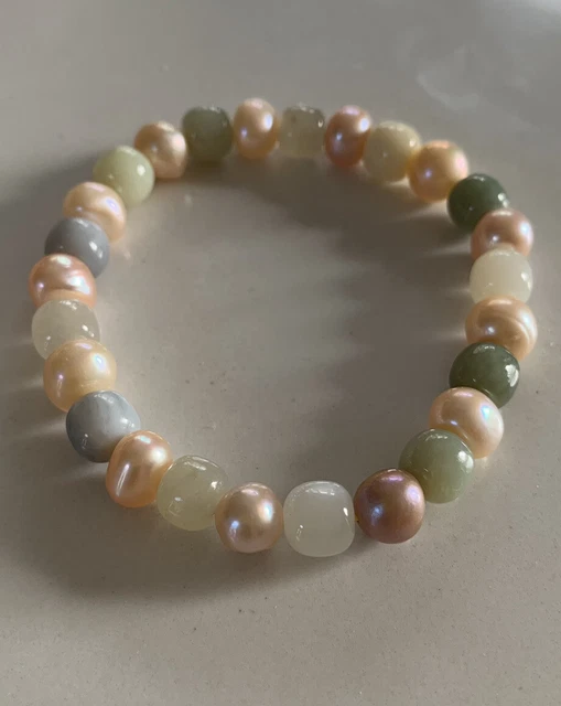 Natural Hetian jade & Pearl Combined Beads bracelet, Bead: 0.3 Inch