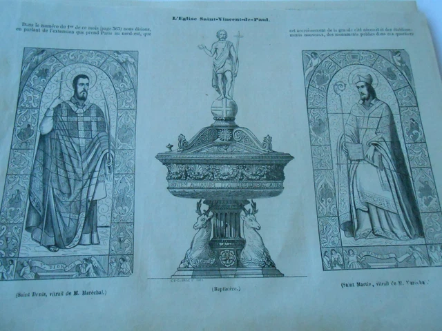 Gravure 1844 - Eglise Saint Vincent de Paul Vitrail Baptistère