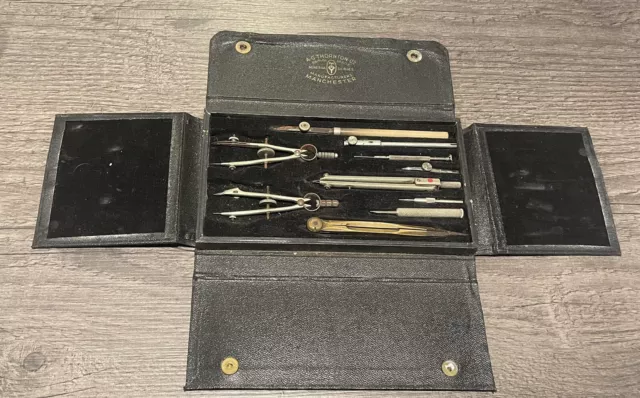Vintage  Drawing Set In Case Compass Protractor Measuring Tools - A.G. Thornton