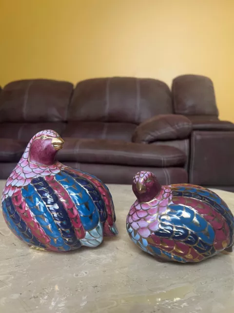 Vintage Toyo Set of 2 Quail Partridge Ceramic Bird Figurines Pink, Teal & Purple