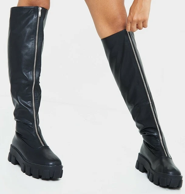 Bnib 7 Plt Black Extreme Chunky On Over Knee Zip Boots Festival Grunge Biker Emo