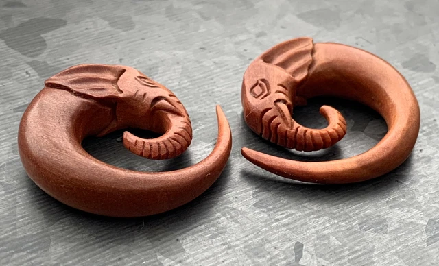 PAIR Sawo Wood Elephant Tapers Plugs Tunnel Expanders Organic Hand Carved Gauges