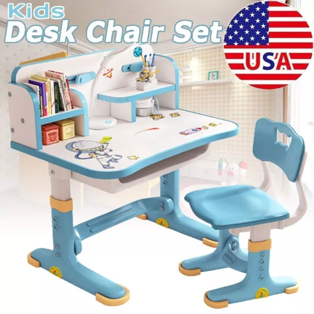 Kids Functional Desk and Chair Set Height Adjustable Children Study Desk Blue US