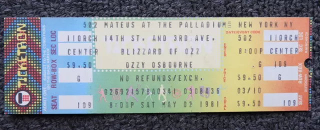Ozzy Osbourne Randy Rhoads Palladium '81 ticket stub UNUSED AND MINT! VERY RARE!