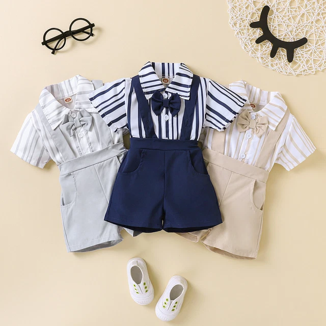 Baby Boys Gentleman Outfits Short Sleeve Top with Suspender Shorts Clothes Set