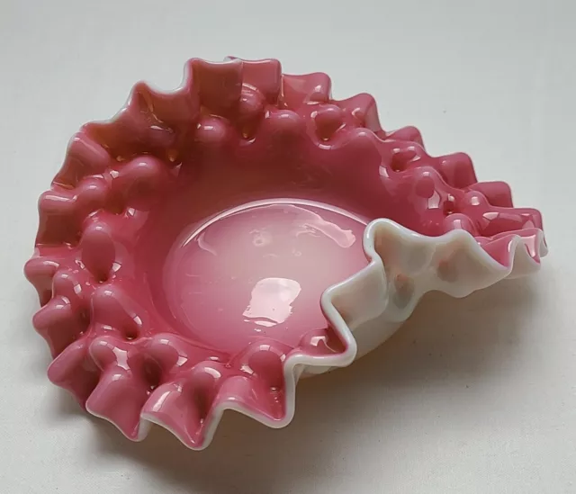 Vintage Fenton Pink Rose White Hobnail Ruffled Edge Case Glass Bowl Dish
