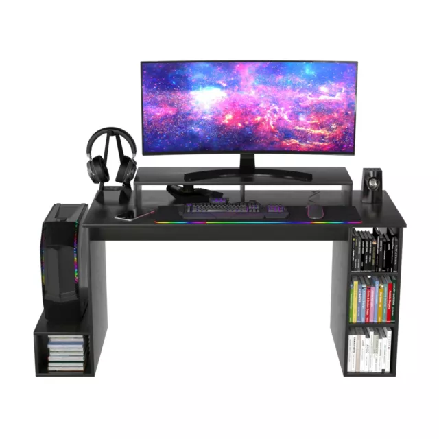 140Cm Gaming Desk With Shelves Home Office Racer Computer Pc Table - Black(7592)