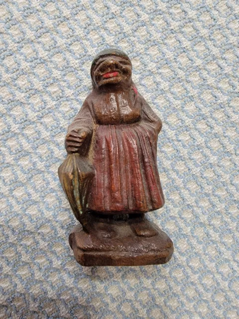 Vintage Folk Art Old Woman Wood Carved Handcrafted Statue 3.75" Figure